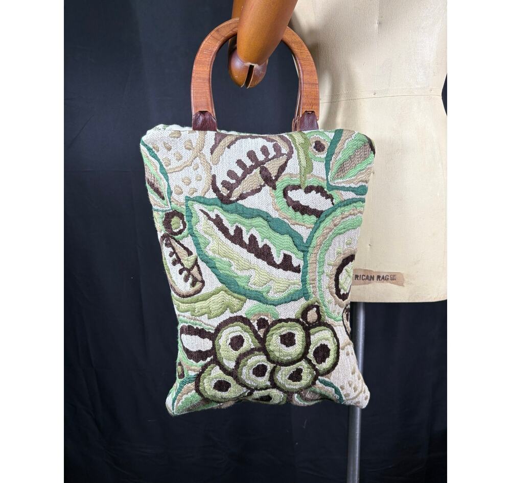 Handcrafted Purse Created with Designer Fabric Wooden Handles Green Leaves
